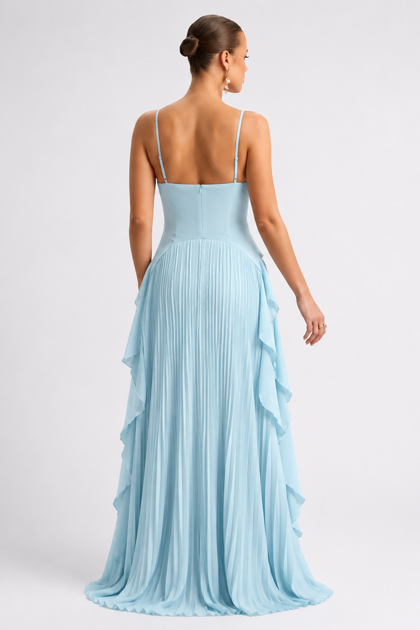 Light Blue Pleated Sleeveless V-Neck maxi Dress