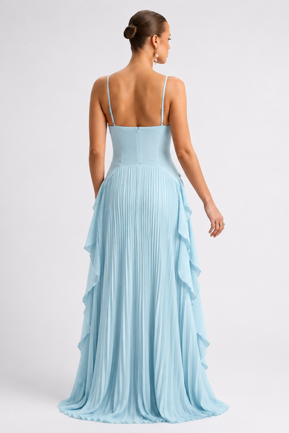 Light Blue Pleated Sleeveless V-Neck maxi Dress