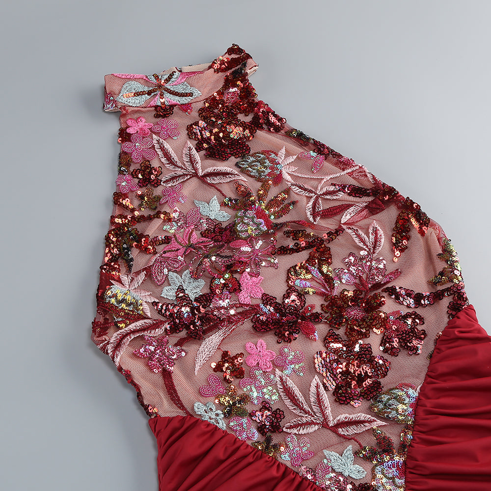 tracy sequin embroidery halter maxi dress in red