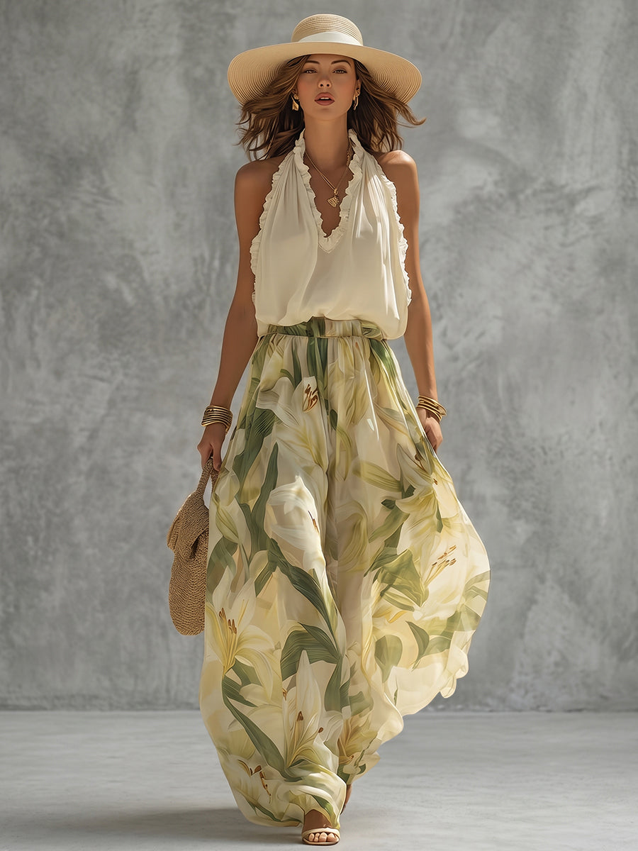 High Waisted Wide Leg Contrast Color Elasticity Flower Print Pants Trousers
