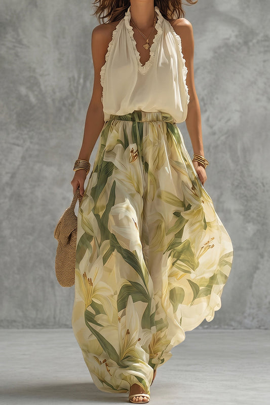 High Waisted Wide Leg Contrast Color Elasticity Flower Print Pants Trousers
