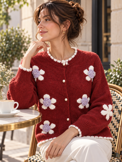 New Embroidered Crew-neck Cardigan