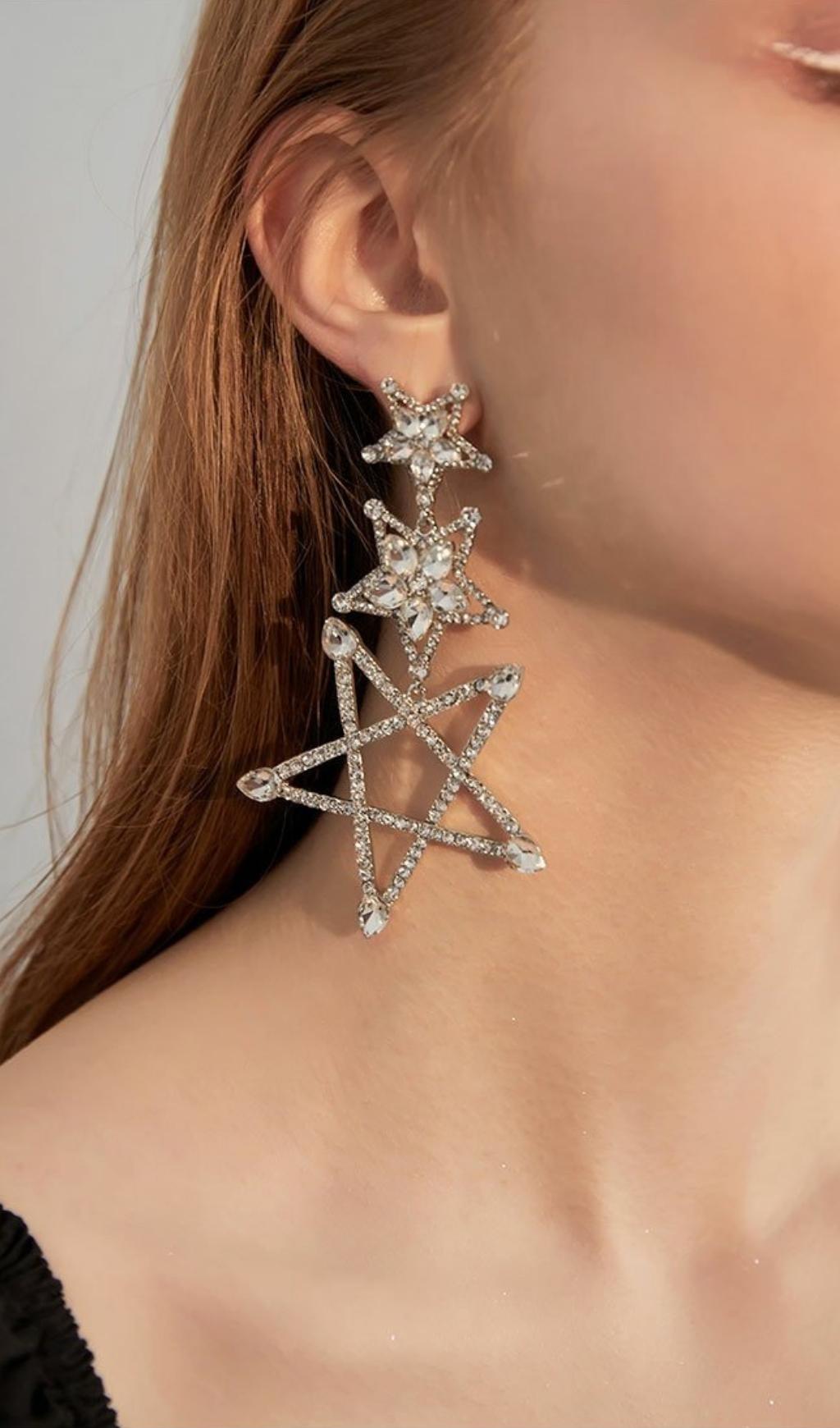 SILVER PENTAGRAM RHINESTONE EARRINGS