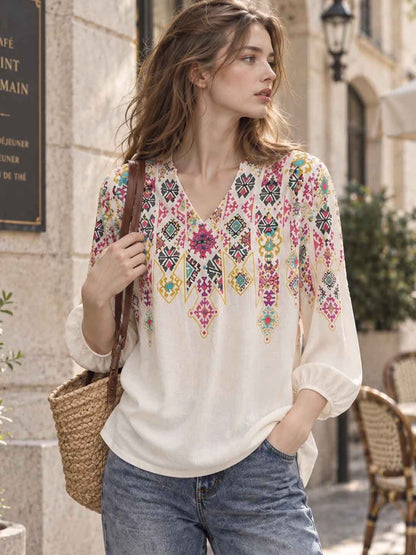 Printed V-neck Lantern-sleeve Shirt