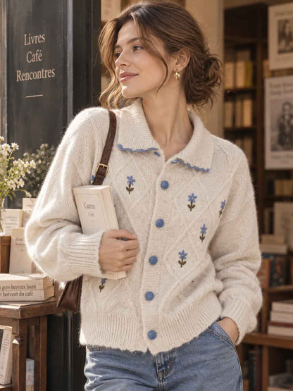 Embroidered Floral Collared Cardigan