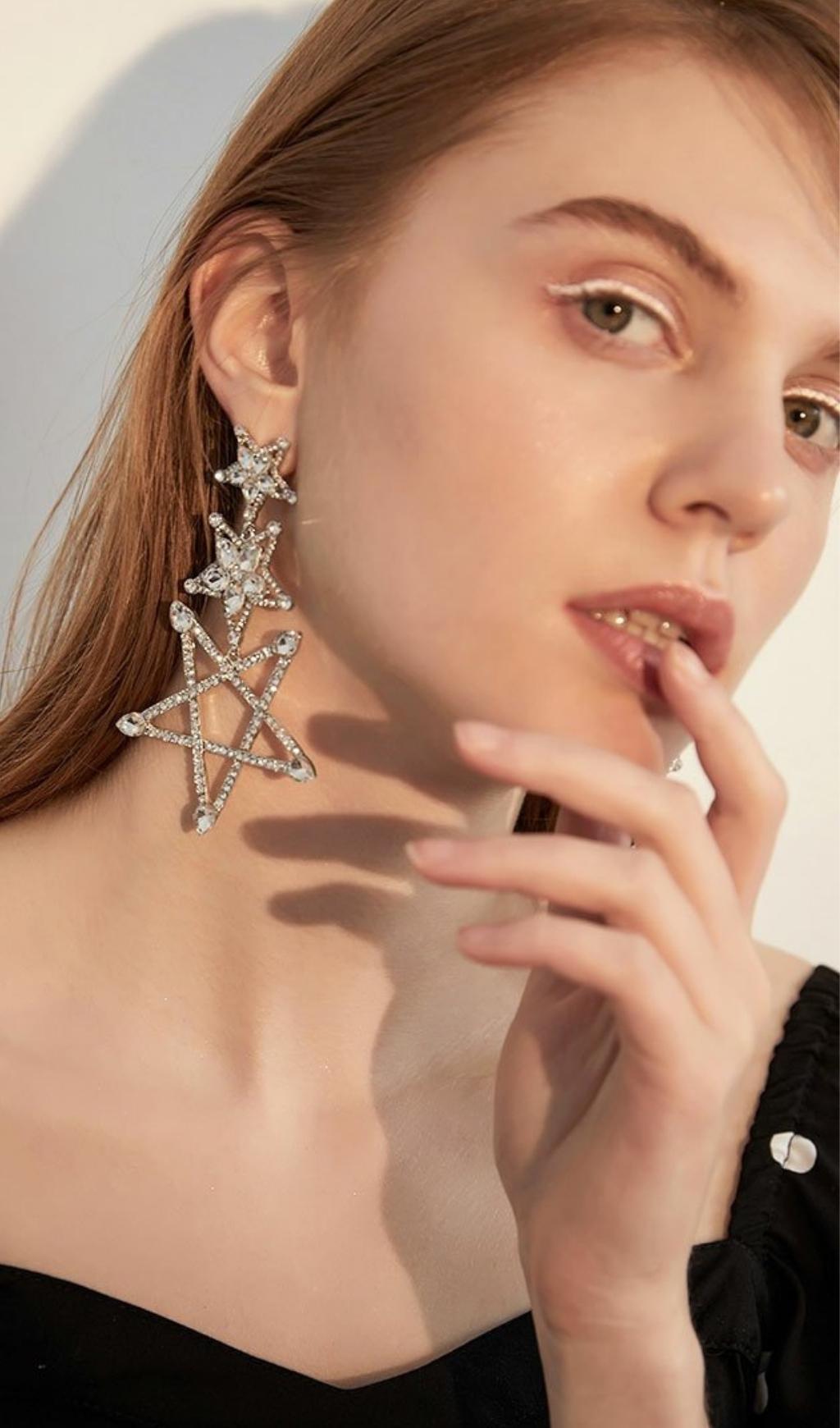 SILVER PENTAGRAM RHINESTONE EARRINGS
