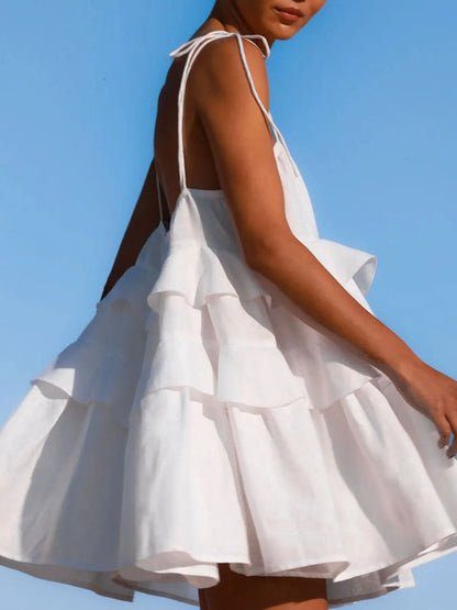 Ruffle Layered Tie Shoulder Cami mini Dress - white