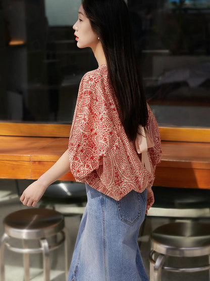 Maya Casual Back Bow Printed Blouse