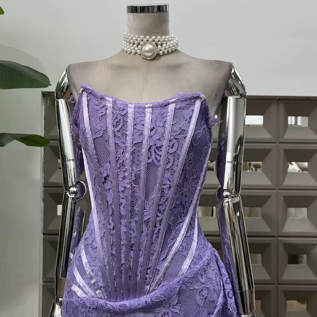 Purple Lace Corset Strapless Draped Mini Dress