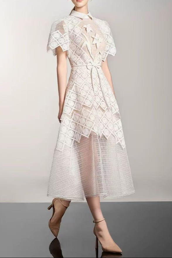 White Lace Embroidered Short Sleeve Midi Dress