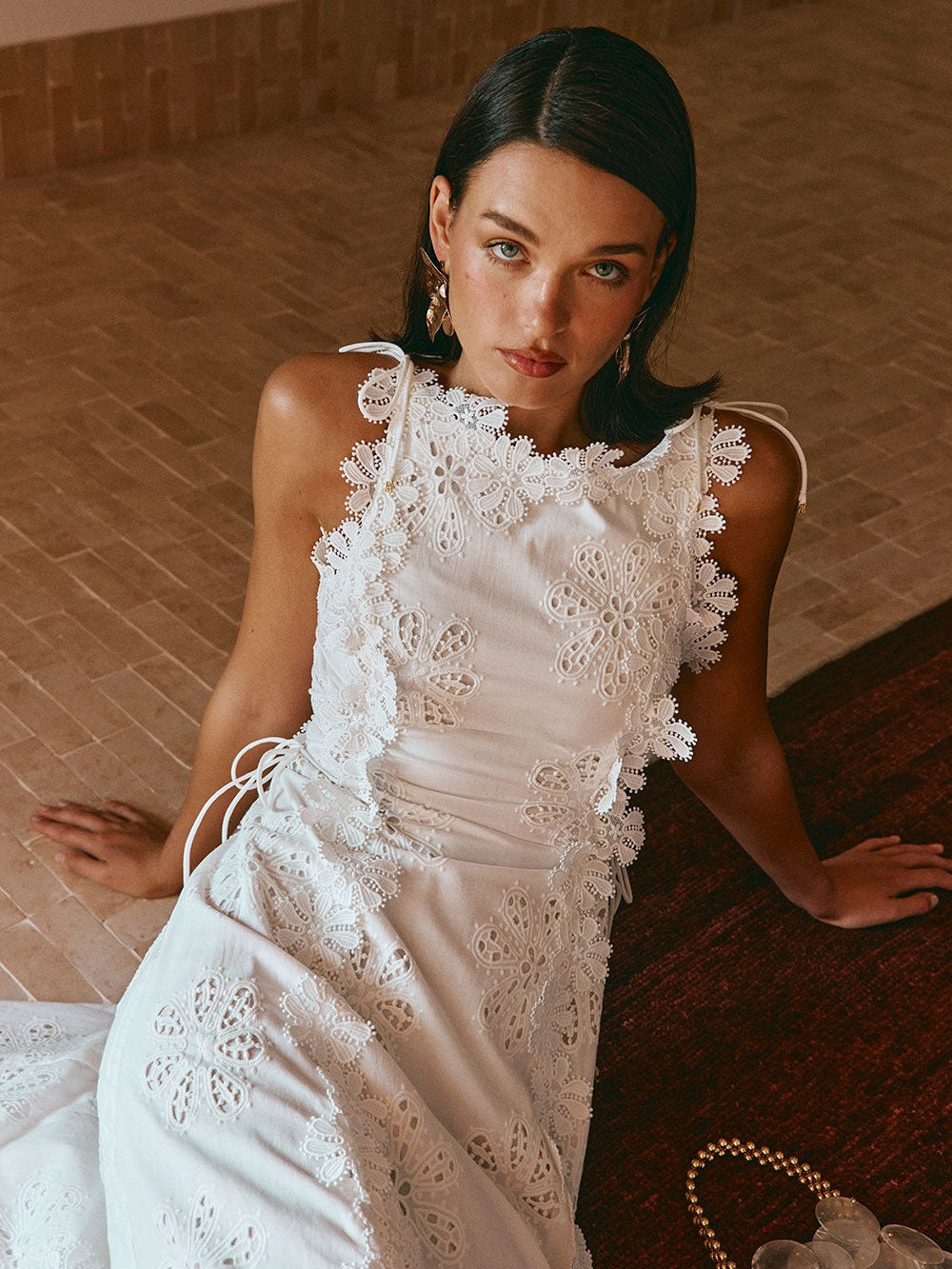 Liana Floral Eyelet Lace Tie Strap Maxi Dress