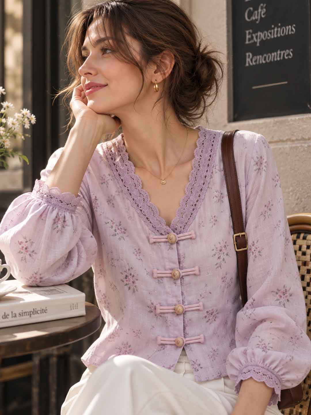 V-neck Floral Lace Trim Top