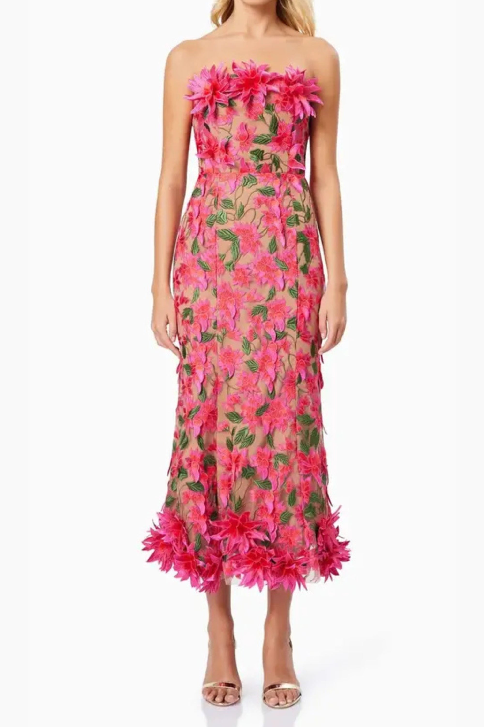 3D flower embroidery strapless midi dress in rose red