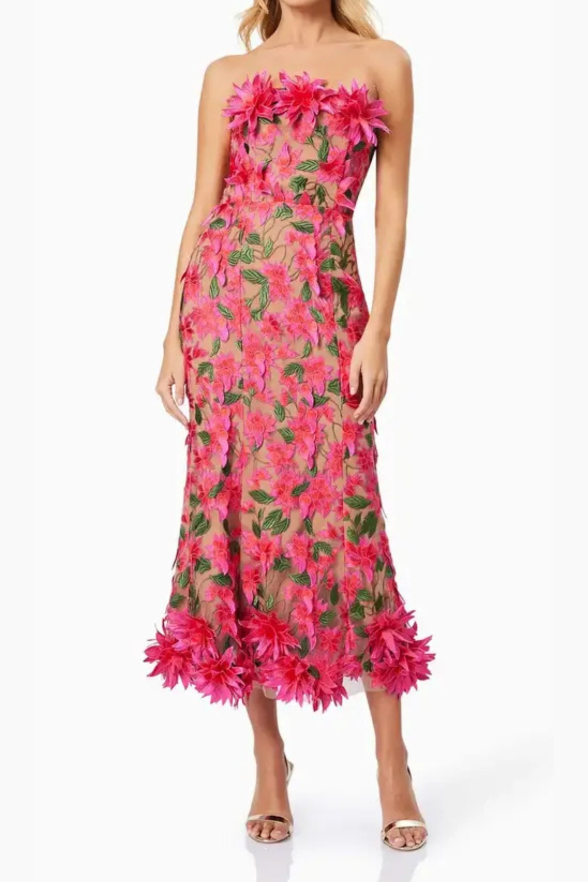 3D flower embroidery strapless midi dress in rose red