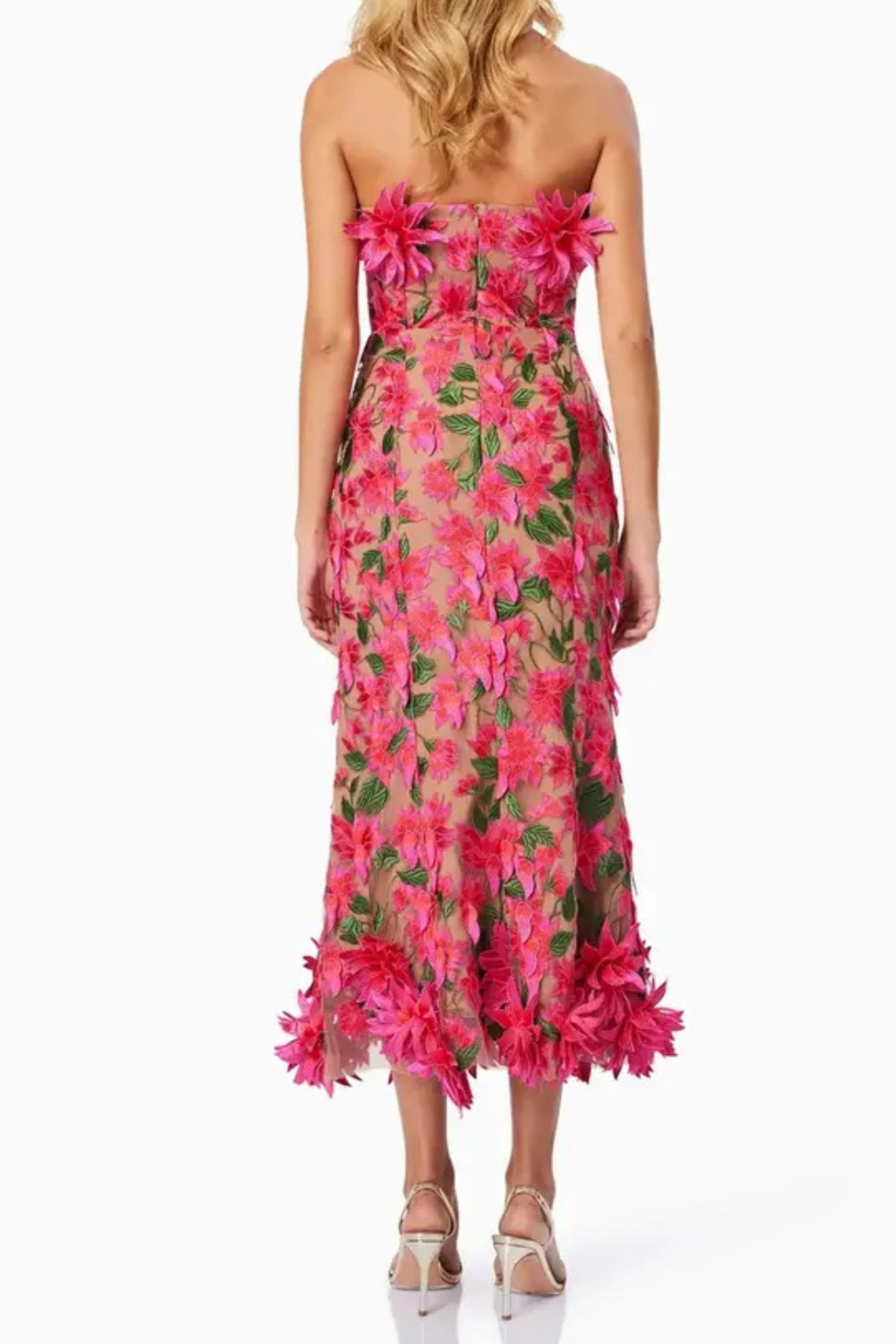 3D flower embroidery strapless midi dress in rose red