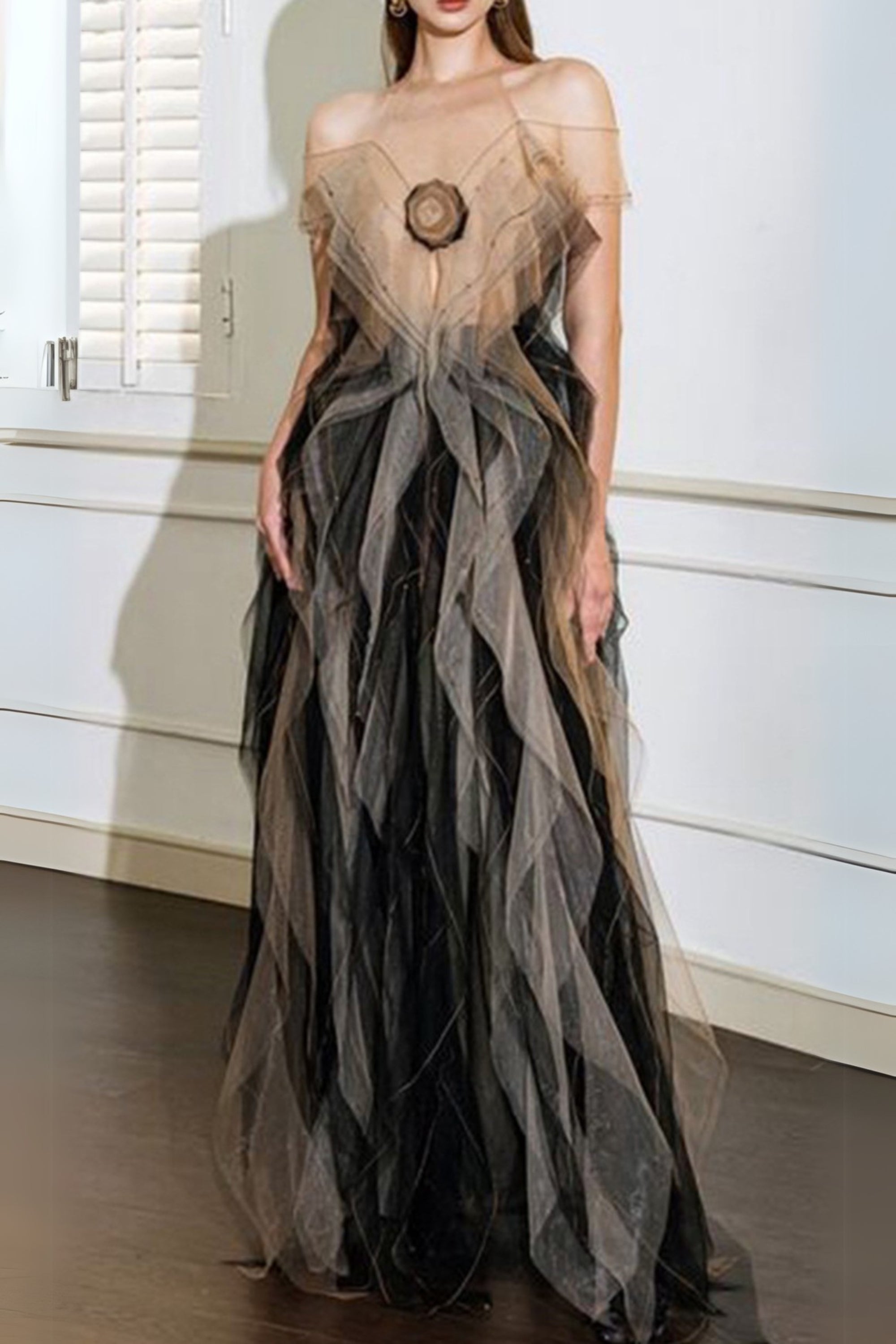 valerie floral ruffled tulle maxi dress in black