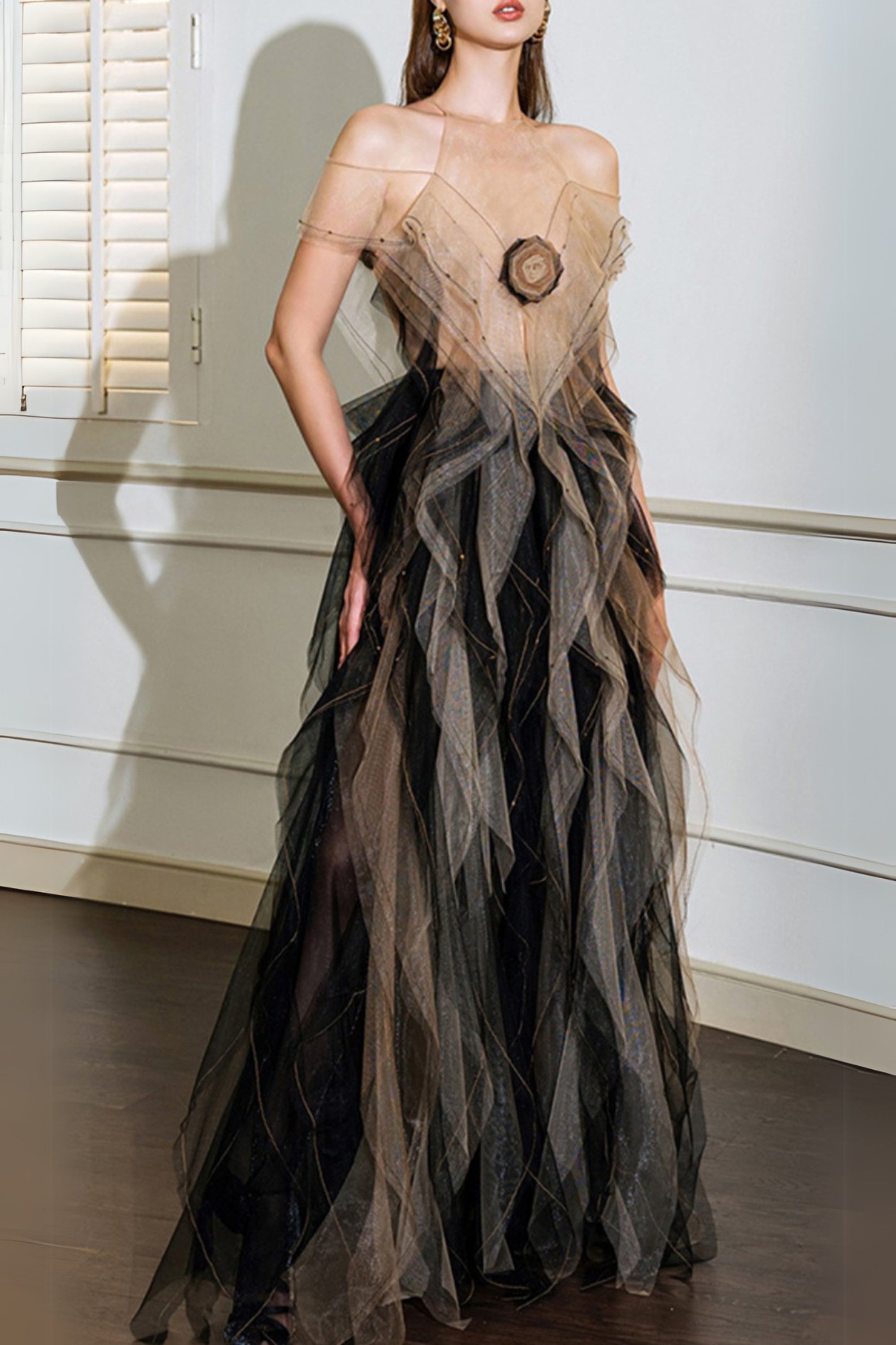 valerie floral ruffled tulle maxi dress in black