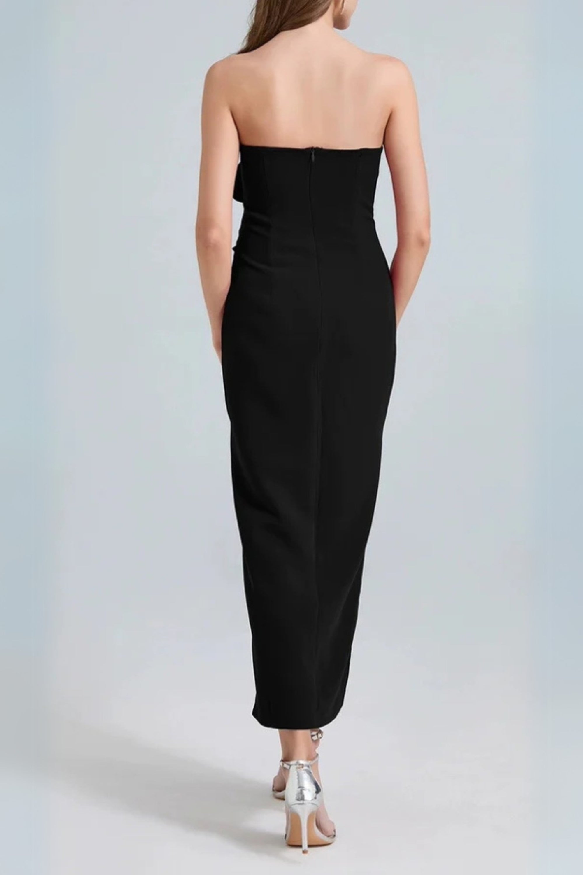 michelle 3d flower strapless midi dress in black