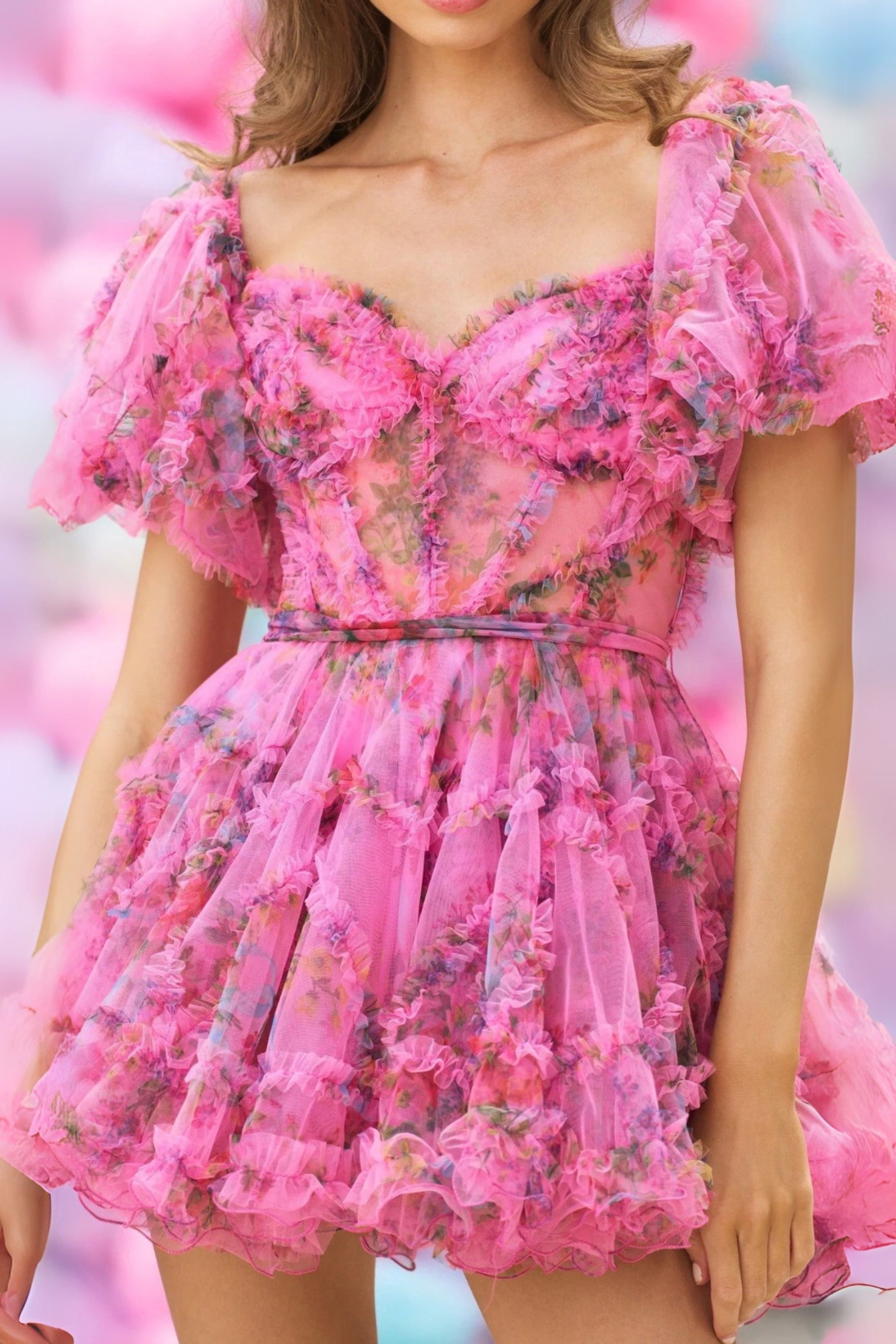 Tulle floral print balloon sleeve mini dress in pink