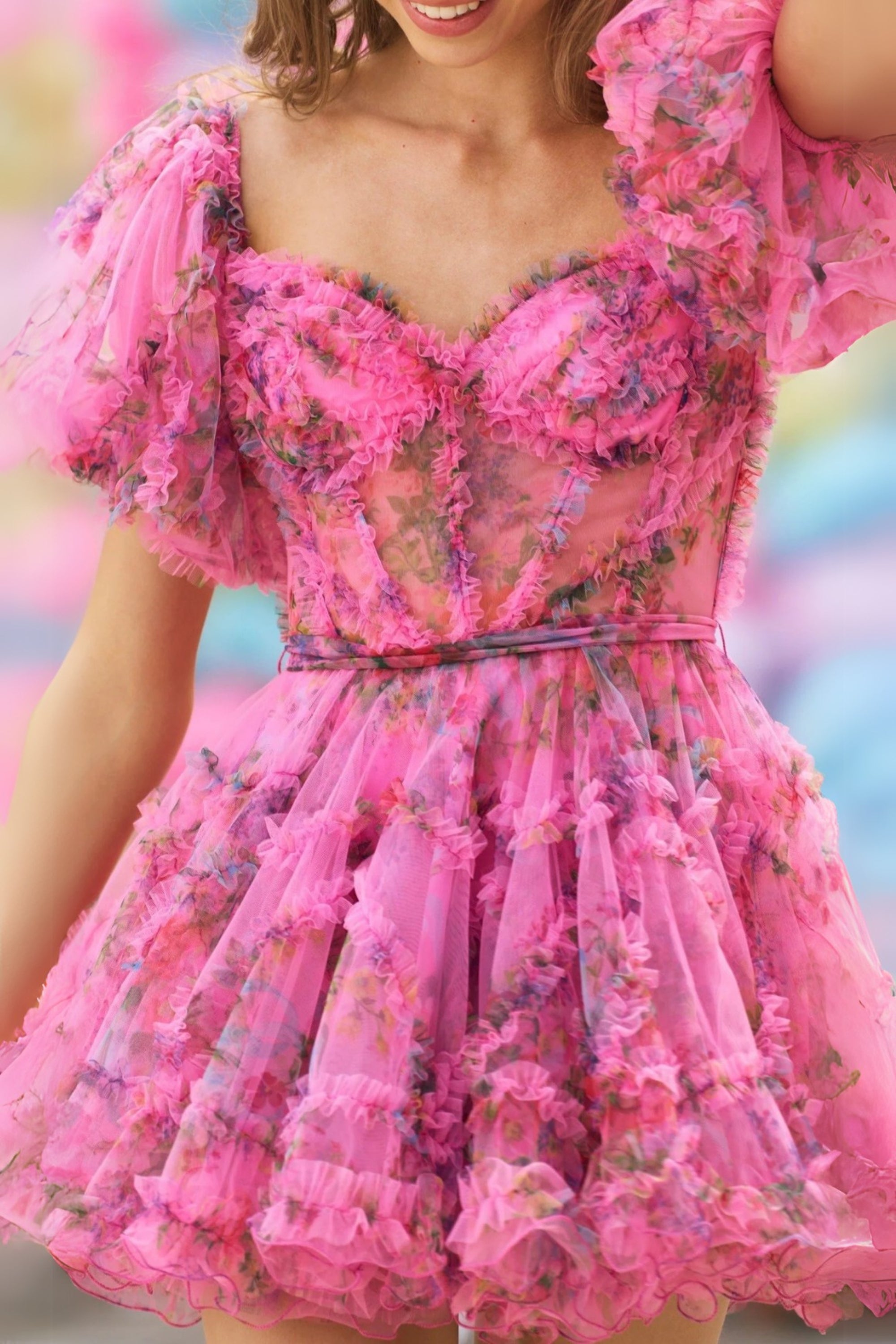 Tulle floral print balloon sleeve mini dress in pink