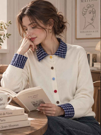 Faux-layered Plaid Collared Cardigan