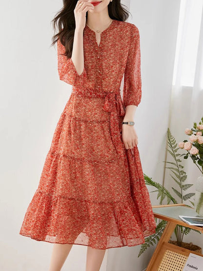 lyuba Vintage Ruffle Floral Chiffon Maxi Dress