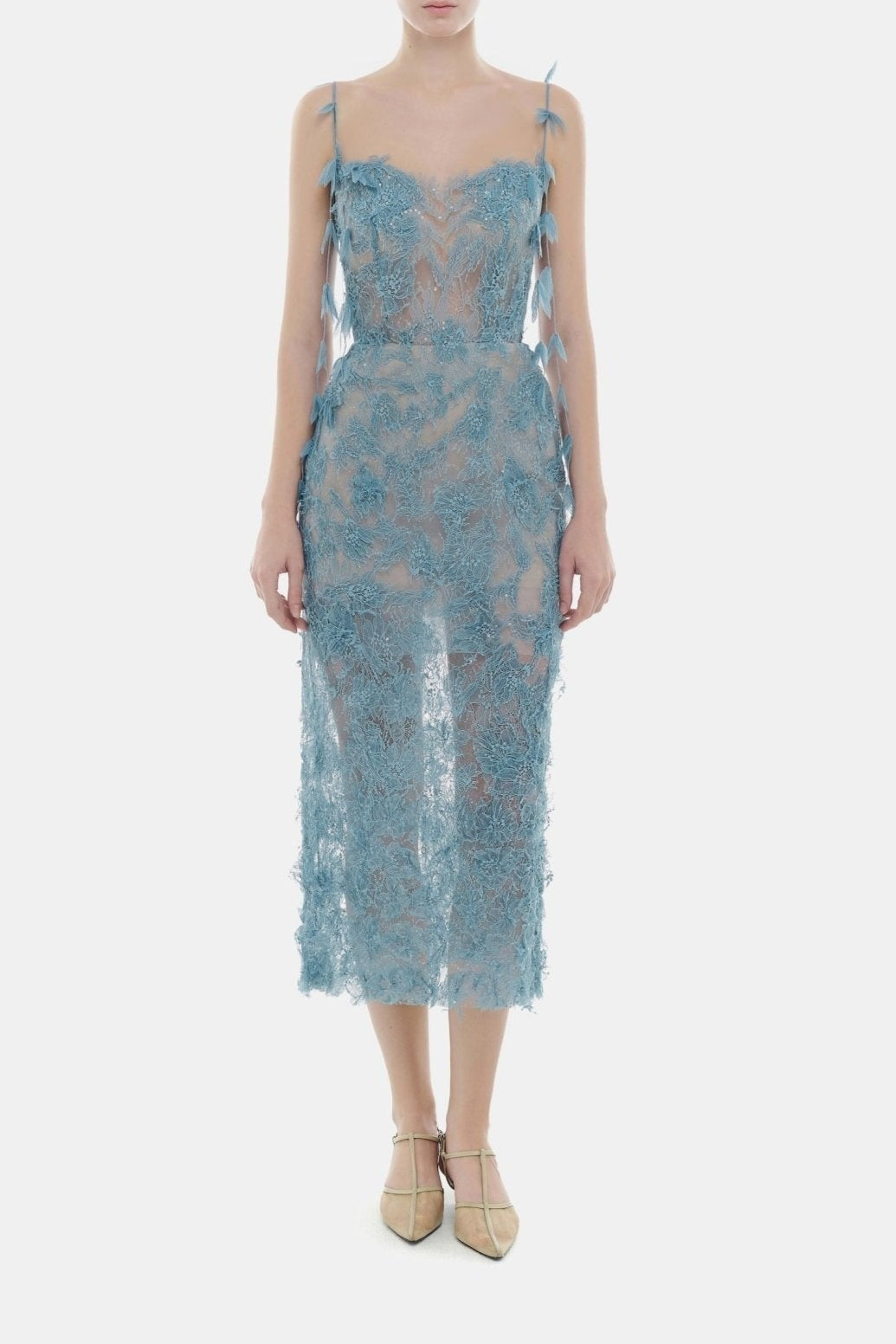 BLUE BEADED LACE PENCEL DRESS