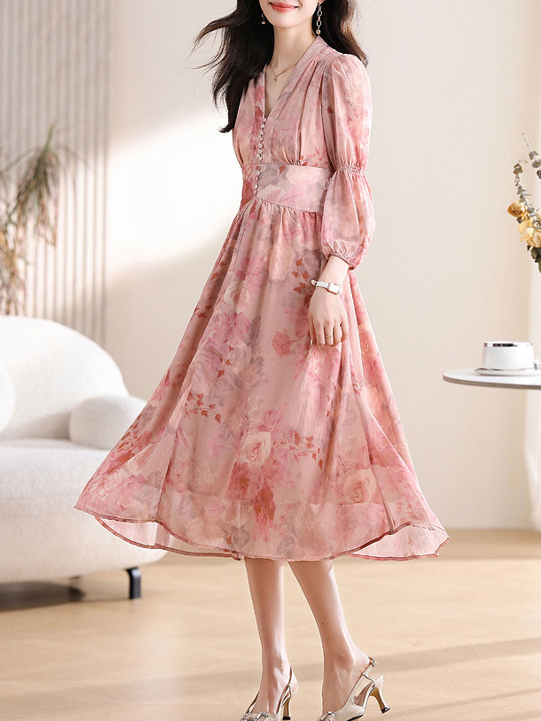 Madison Daily V-Neck Puff Sleeve Chiffon Floral Dress