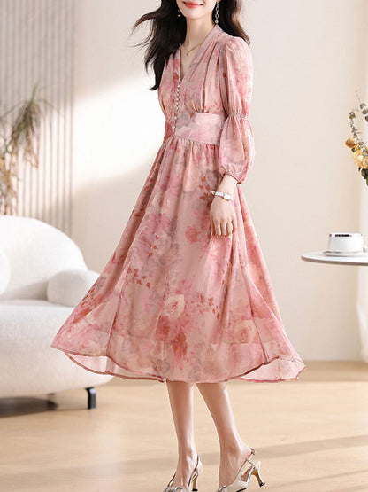 Madison Daily V-Neck Puff Sleeve Chiffon Floral Dress