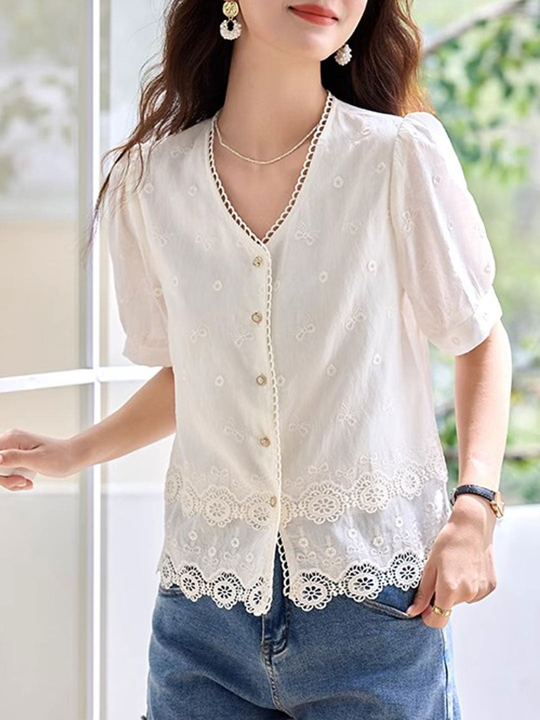 sabina Loose V-Neck Hollowed Lace Top