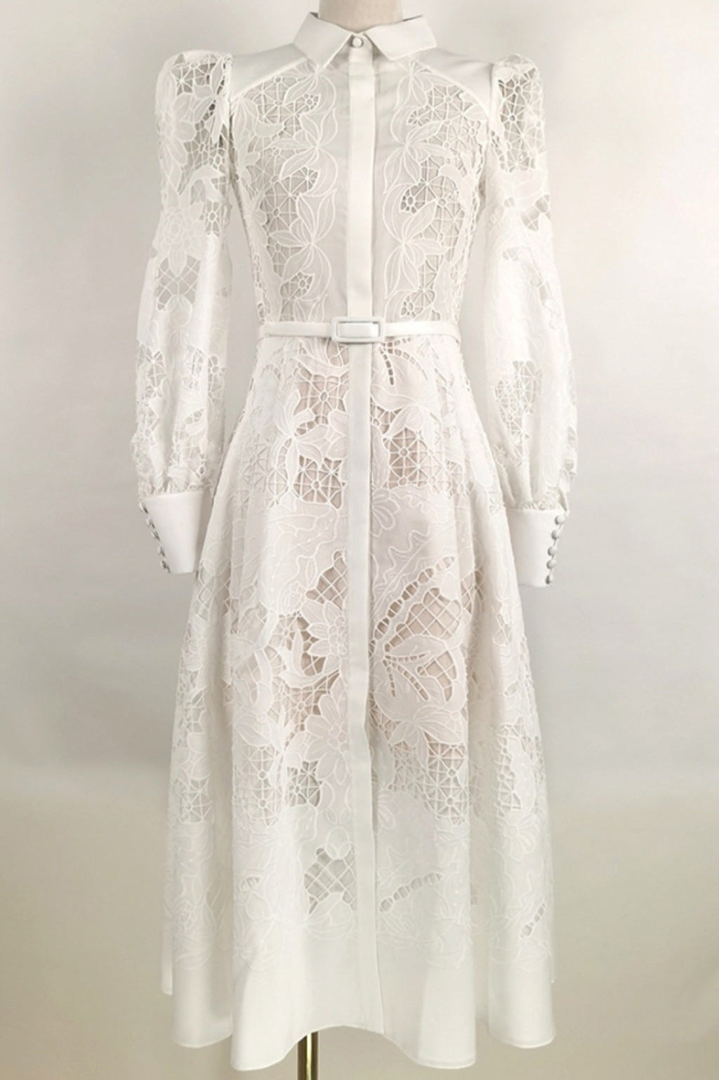 WHITE LACE EMBROIDERED FULL HEM MIDI DRESS