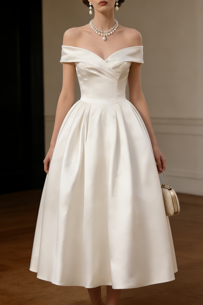 Sharon White Off Shoulder Satin Midi Wedding Dress