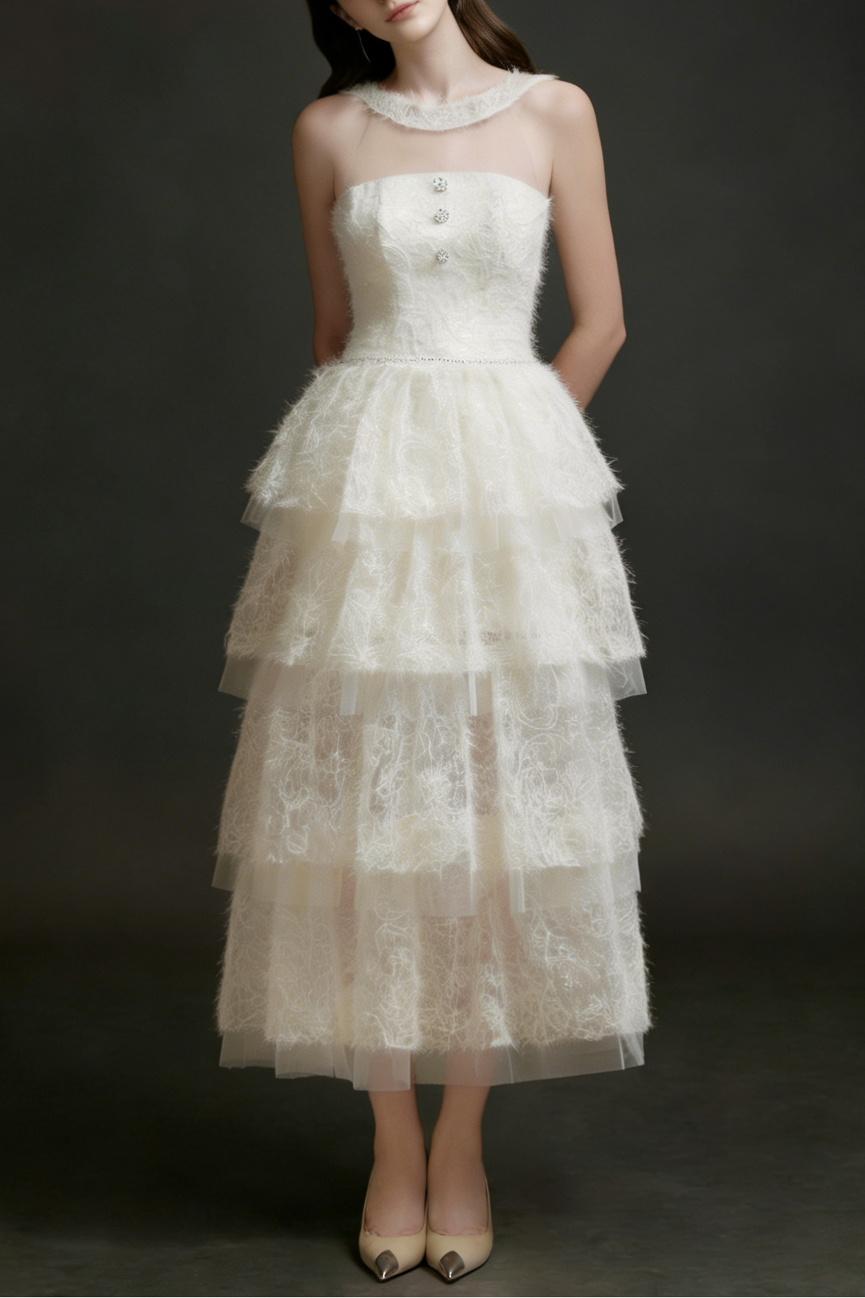 alison mesh stitching layer dress in white