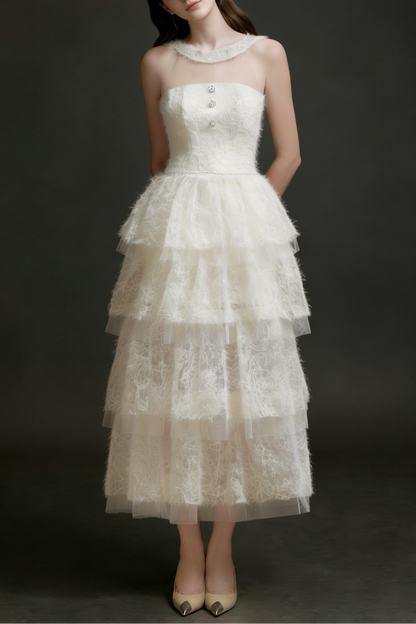 alison mesh stitching layer dress in white