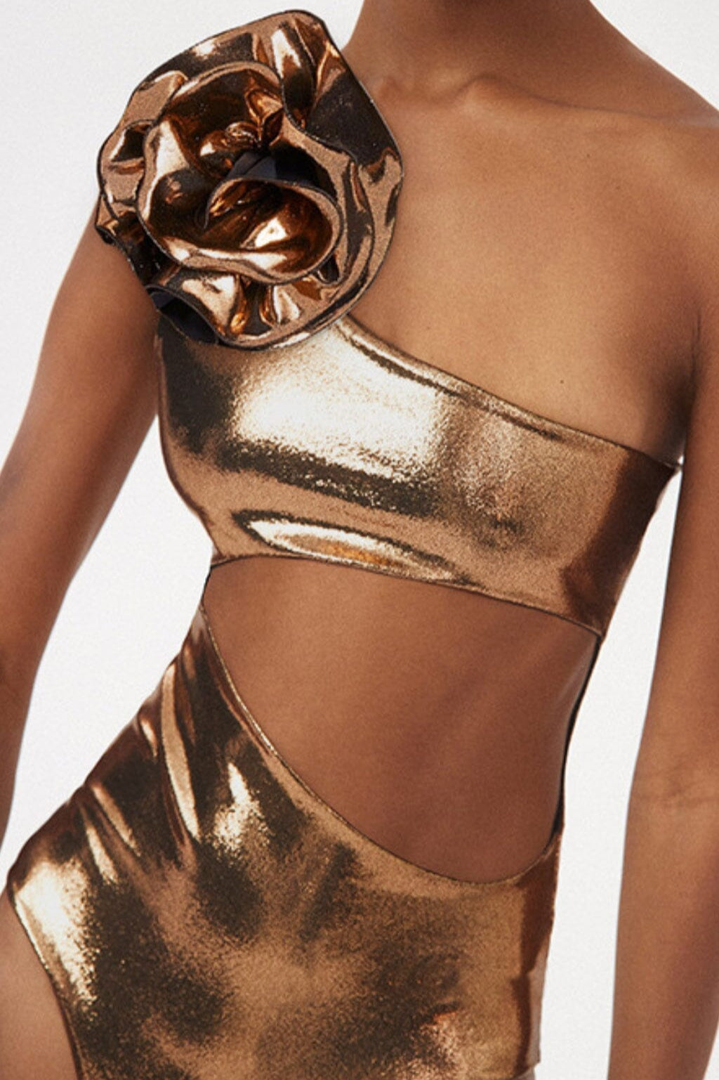 DIAGONAL CUTOUT FLOWER SWIMSUIT IN GOLD styleofcb 