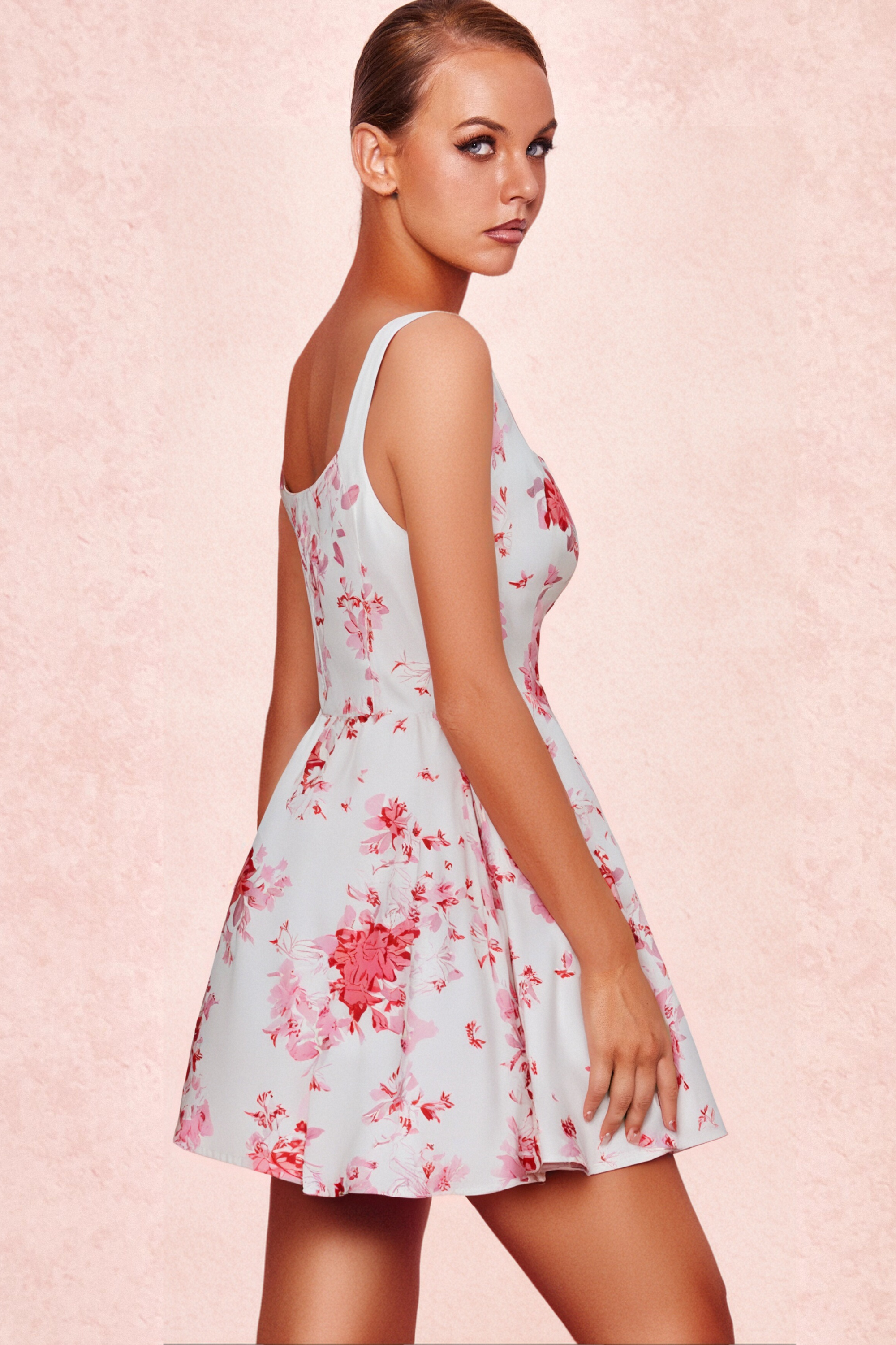 RETALE PINK FLORAL FLARED MINI DRESS