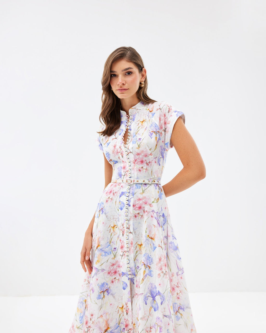 multicolor floral print a-line midi dress