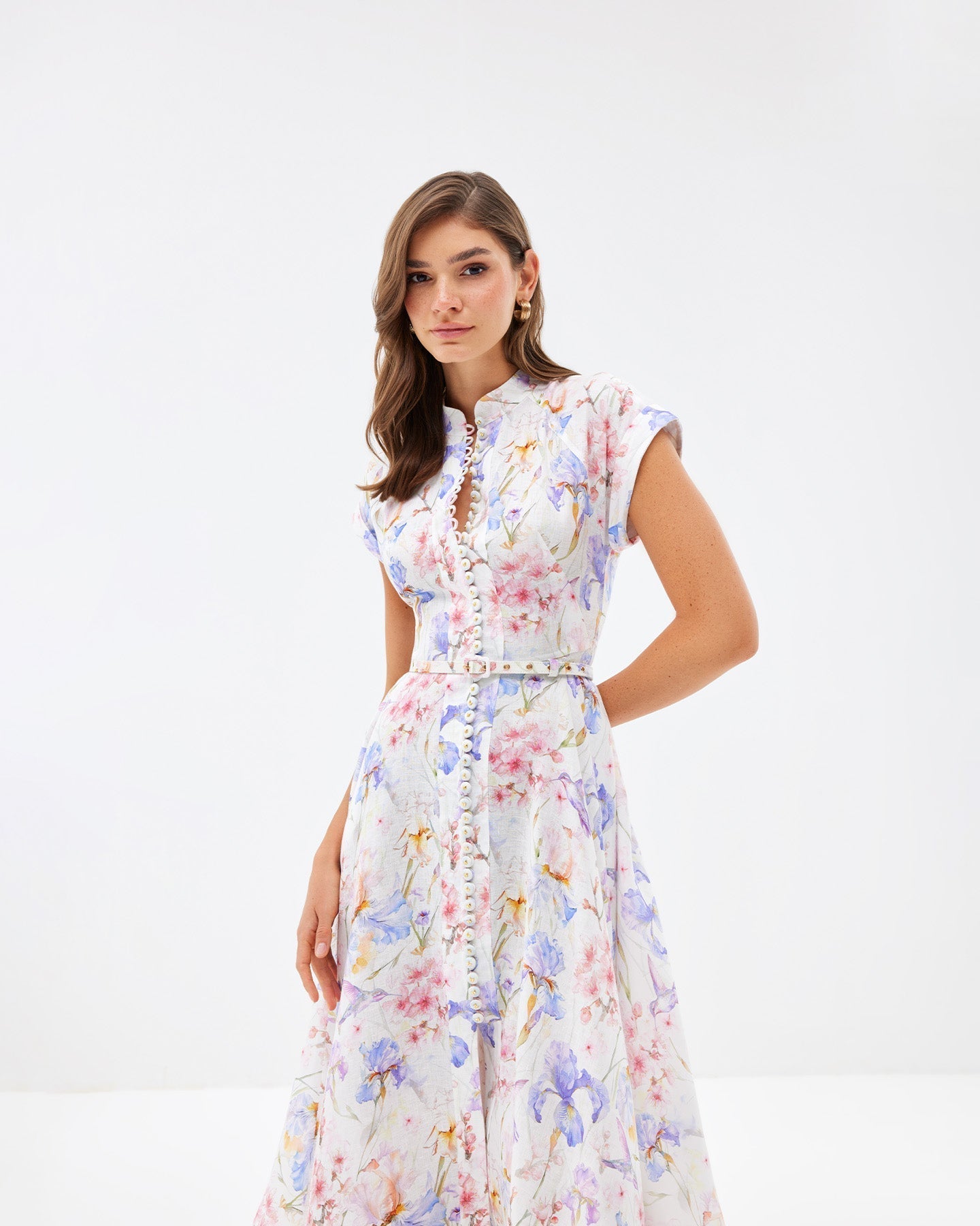 multicolor floral print a-line midi dress