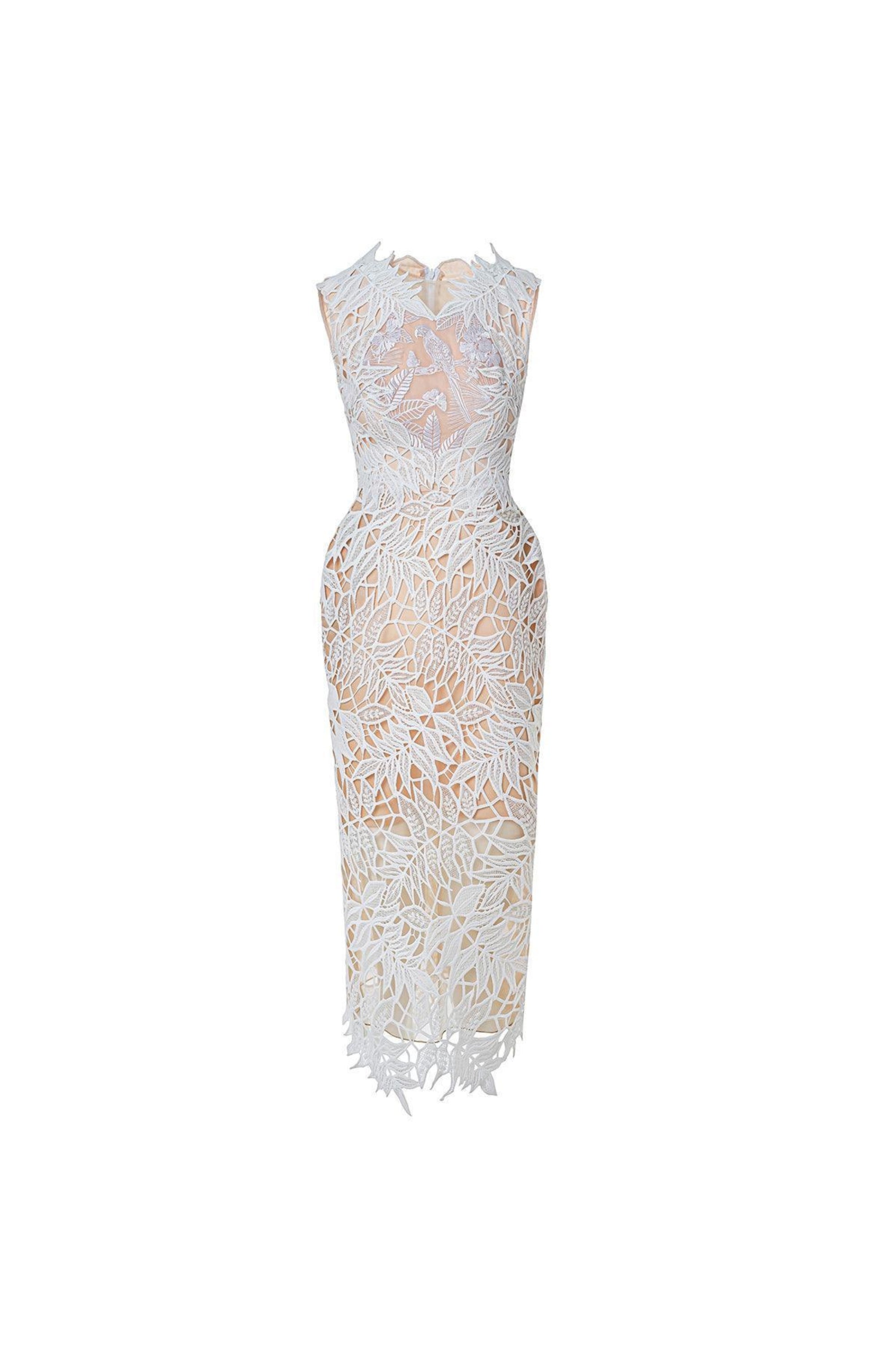 VANESSA SLEEVELESS LACE EMBROIDERED MIDI DRESS IN WHITE