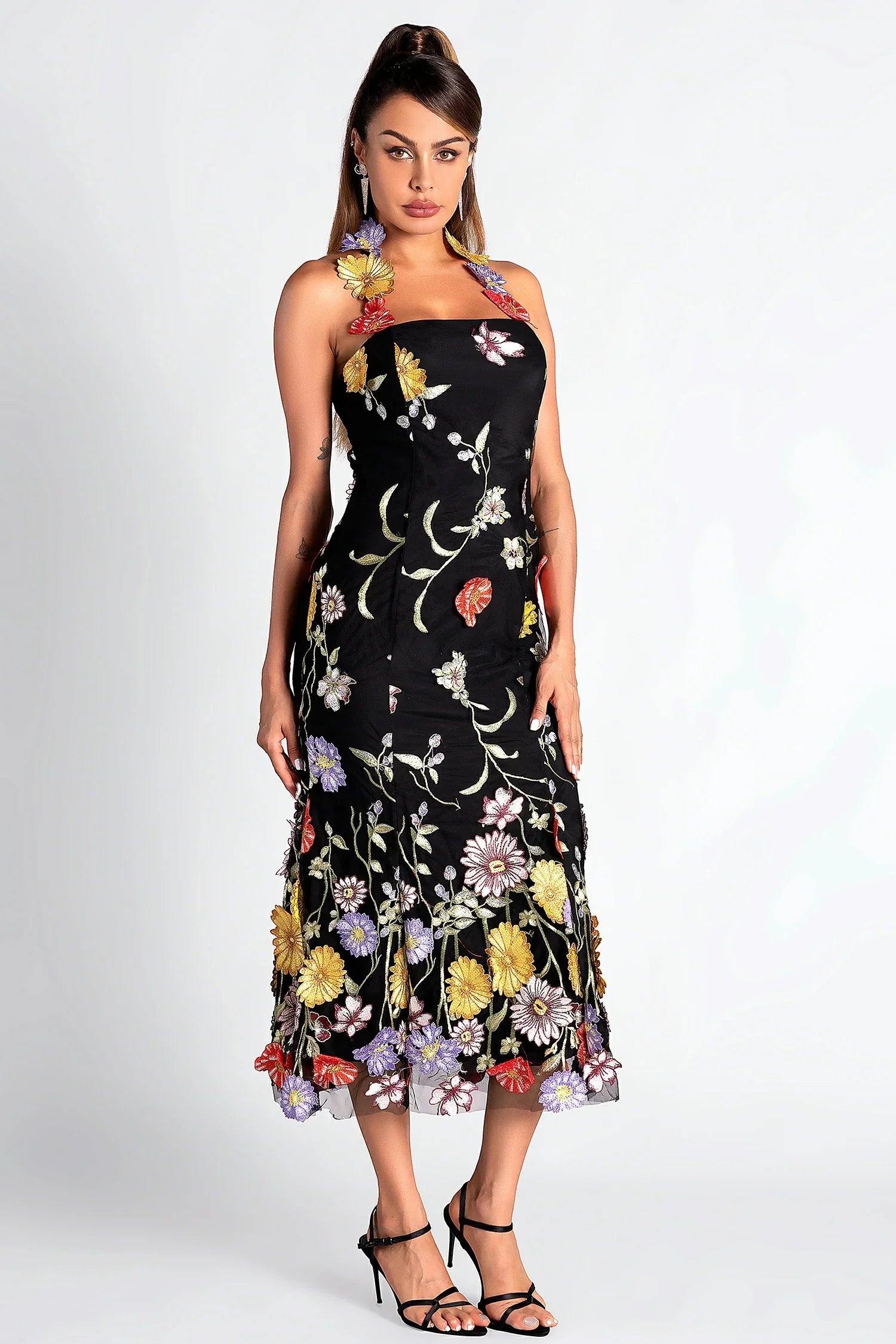 HALTER EMBROIDER FLORAL MIDI DRESS IN BLACK