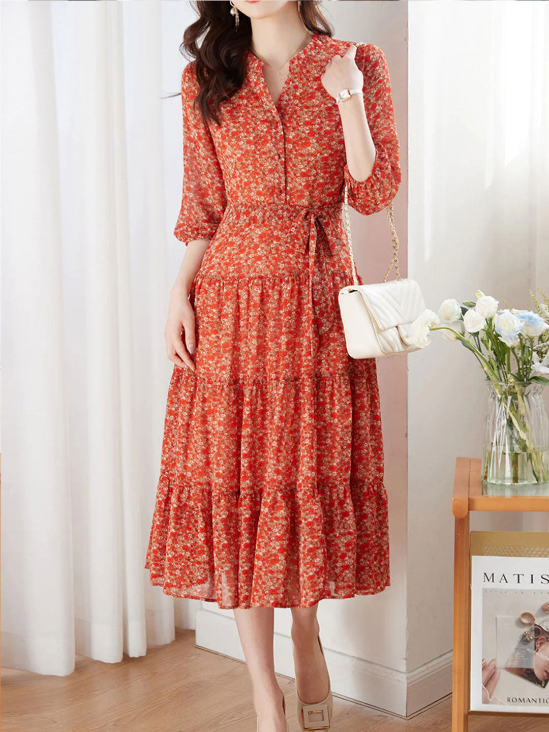 lyuba Vintage Ruffle Floral Chiffon Maxi Dress
