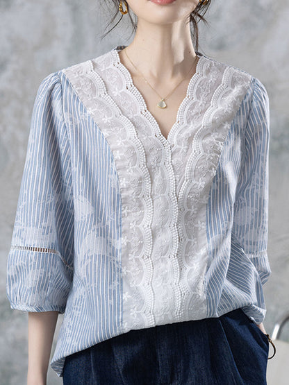 Riley Casual V-Neck Lace Embroidered Blouse