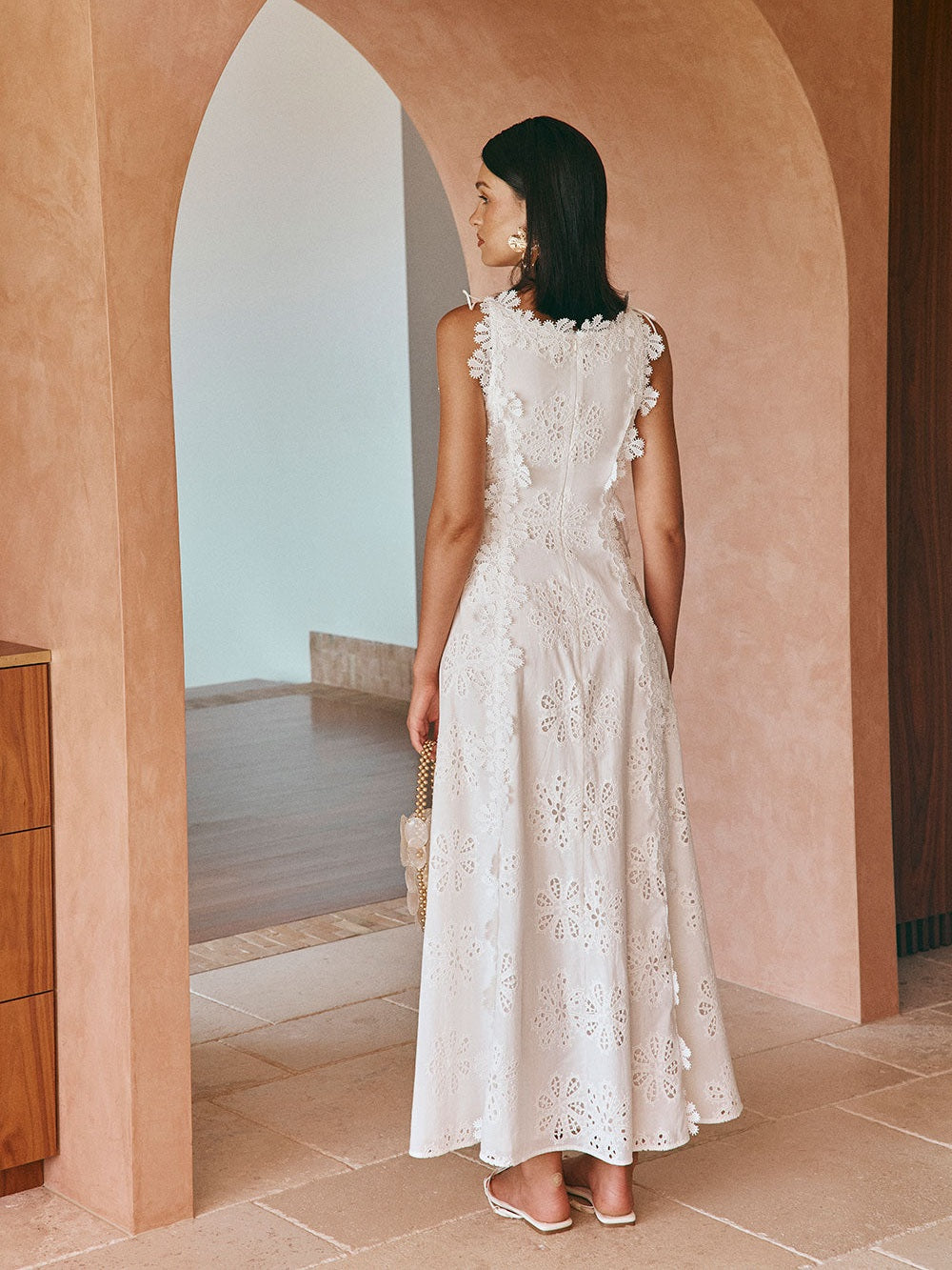 Liana Floral Eyelet Lace Tie Strap Maxi Dress