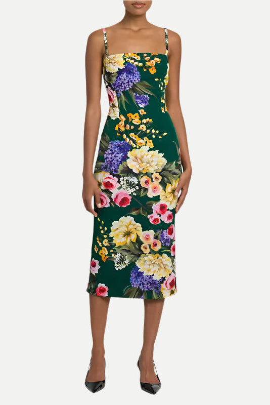 floral print sheath midi dress in green