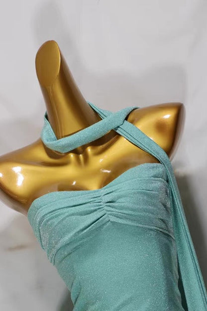 Glitter Ruched Halter Bodycon Mini Dress