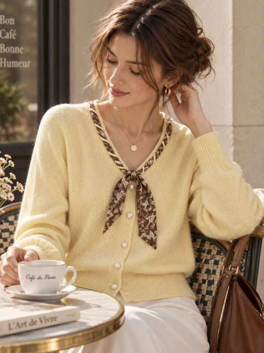 V-neck Scarf Detail Knit Cardigan