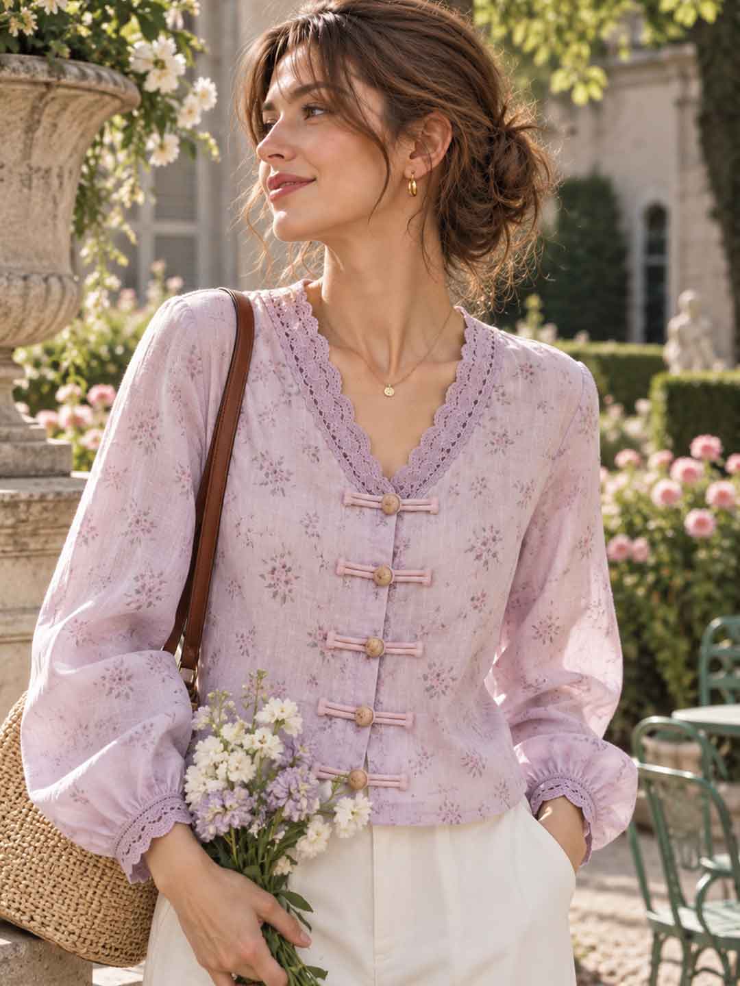 V-neck Floral Lace Trim Top