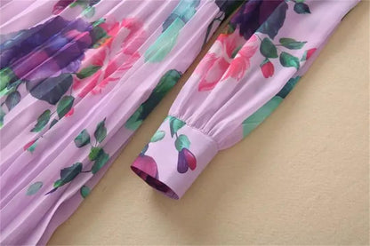 Purple floral print long-sleeved pleated maxi dress