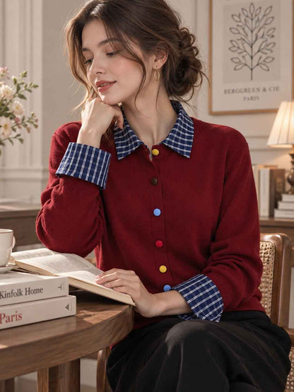 Faux-layered Plaid Collared Cardigan
