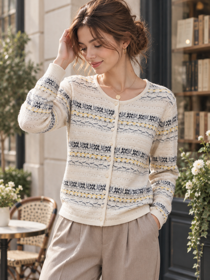 New Crew-neck Jacquard Cut-out Cardigan